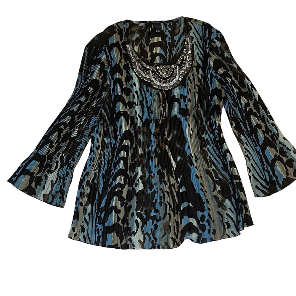 New Directions Pleated Animal Print Beaded Neckline Top Women's Blue Brown Sz L